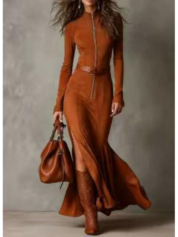 2025 Elegant Suede Zipper Stand Collar Dress: Autumn European & American Fashion Extra Large