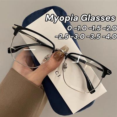Trendy Men's Half Frame Myopia Glasses Vintage Ultra Light Near Sight Eyewear Blue Light Blocking Eye Protection Eyeglasses