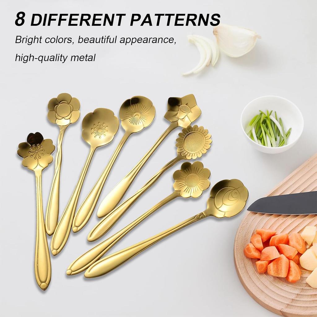 8 Pcs Gold Stirring Spoons Set,Floral Design Stainless Steel Stirrers for Coffee,Tea,Dessert & Sugar Reble Mini Utensils Kit for Tea Party & Home Bar