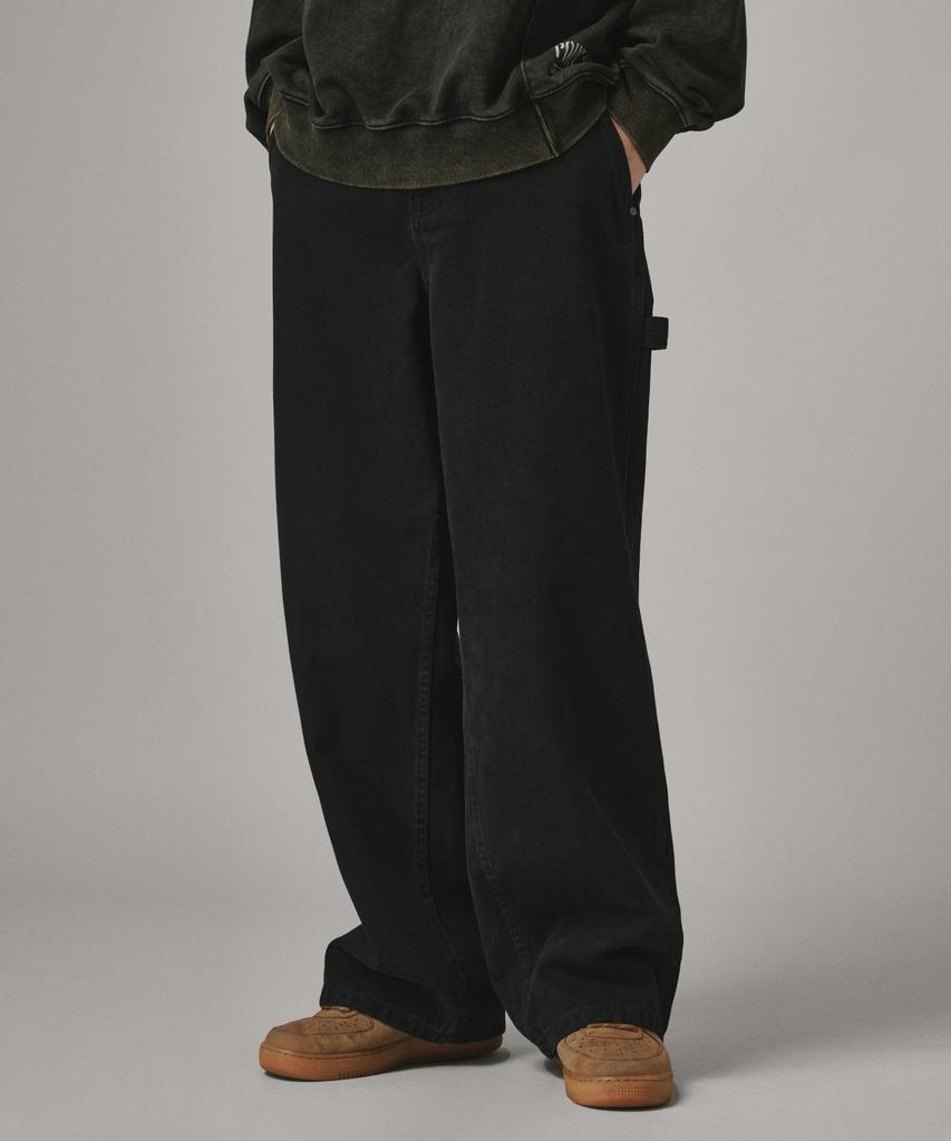 Beodeonteu Garment-Dyed Carpenter Wide Cotton Pants [Black]