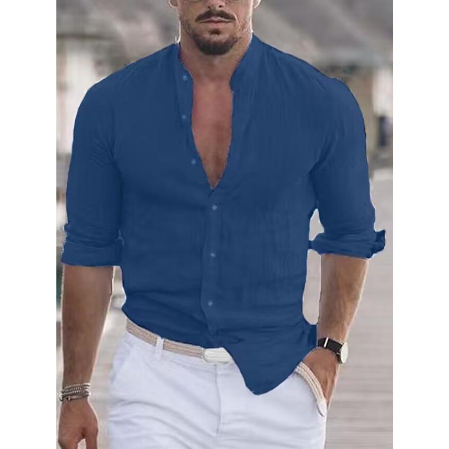 Men's Summer Autumn White Shirt Man Long Sleeve Cotton Linen Shirt Solid Blue Green Tops Clothing