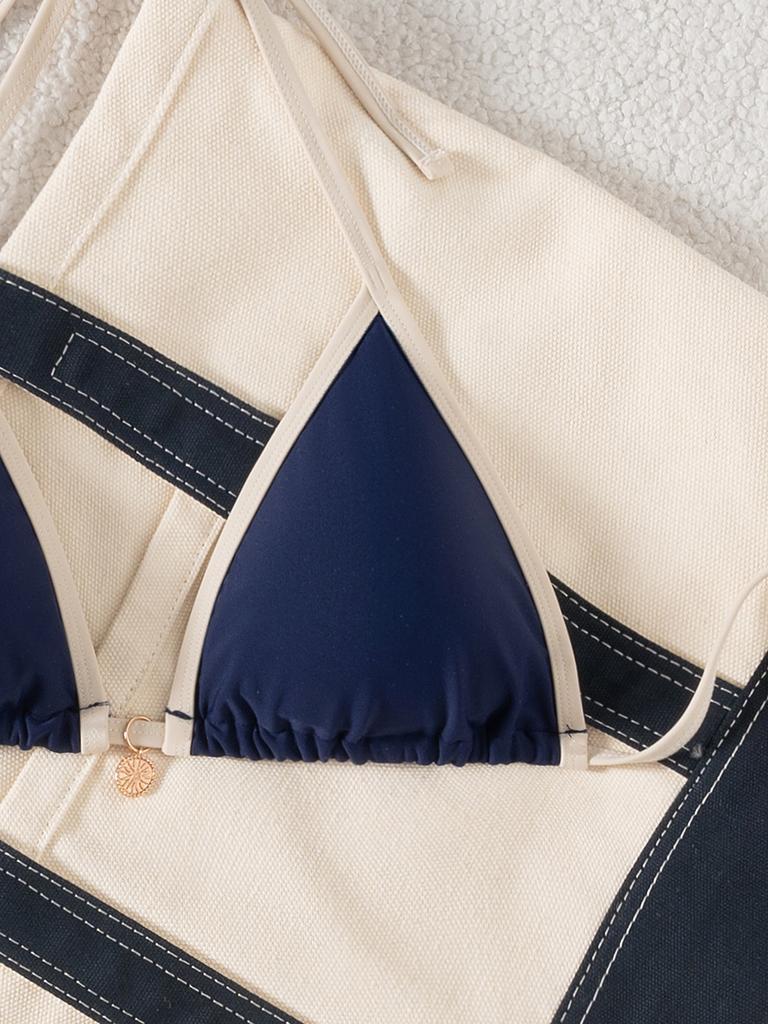 Color Block Triangle Tie Side Sexy Two Piece Bikini Set Elegant For Vacation