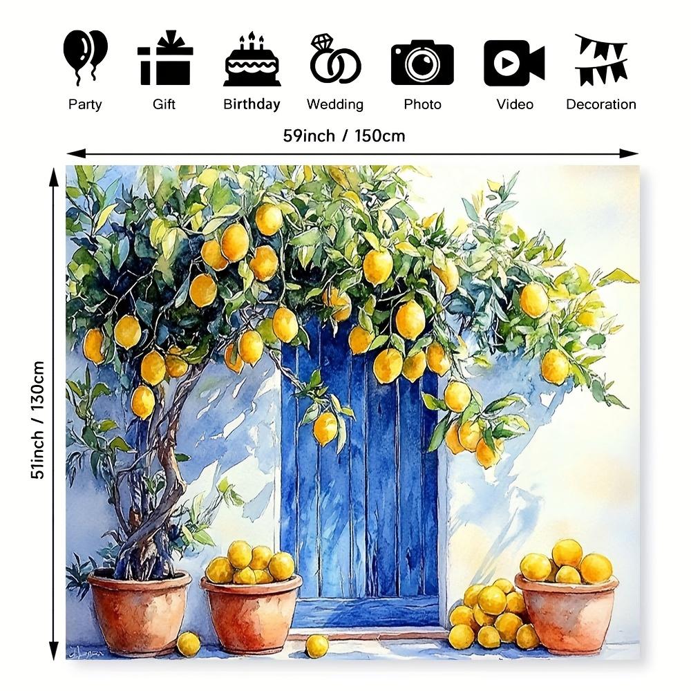 2D flat 1 piece lemon sunshine courtyard print party banner - Bright lemon tree and blue door design