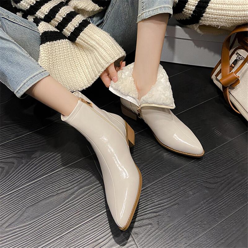 Fashion New Winter Split Leather Women Boots Pointed Toe Warm Wool Boots for Women Fashion Boots Concise Ladies Shoes Zapatos De Mujer
