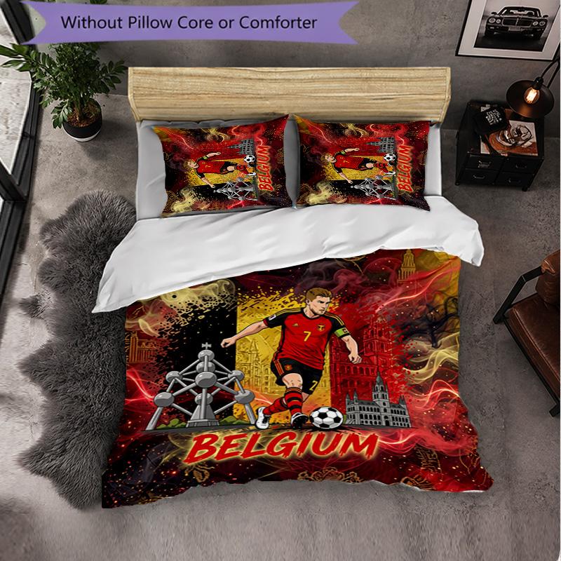 Belgium Football Pattern 3 Pieces Bedding Set Soft Microfiber Duvet Cover with Pillow Cases for Bedroom