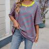 Women T-shirt Loose Fit Striped Print Round Neck Short Sleeve Tee Tops Elastic Fit Summer Pullover Tops