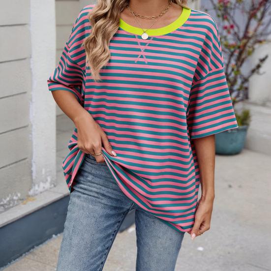 Women T-shirt Loose Fit Striped Print Round Neck Short Sleeve Tee Tops Elastic Fit Summer Pullover Tops