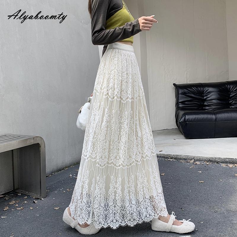 French Style Autumn Winter Women Midi Skirt High Waist Black Beige Brown Hollow Out Skirt Elegant Feminine Ladies' Skirts Womens
