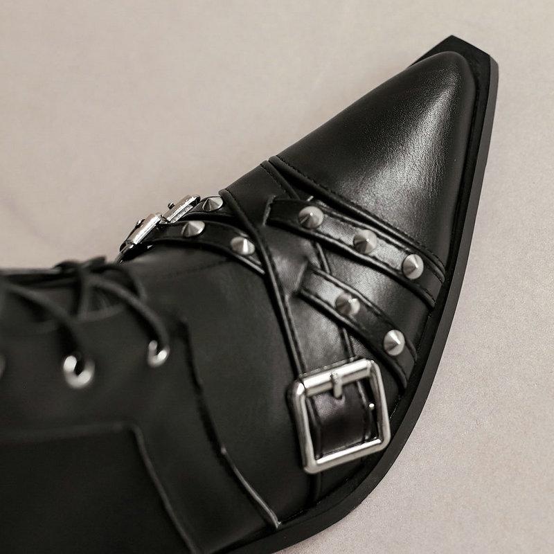 Punk Black White Boots Women's Back Chain Decor Shoes Knee High Boots Pointed Toe Leather Lace Up Chunky Heels Footwear