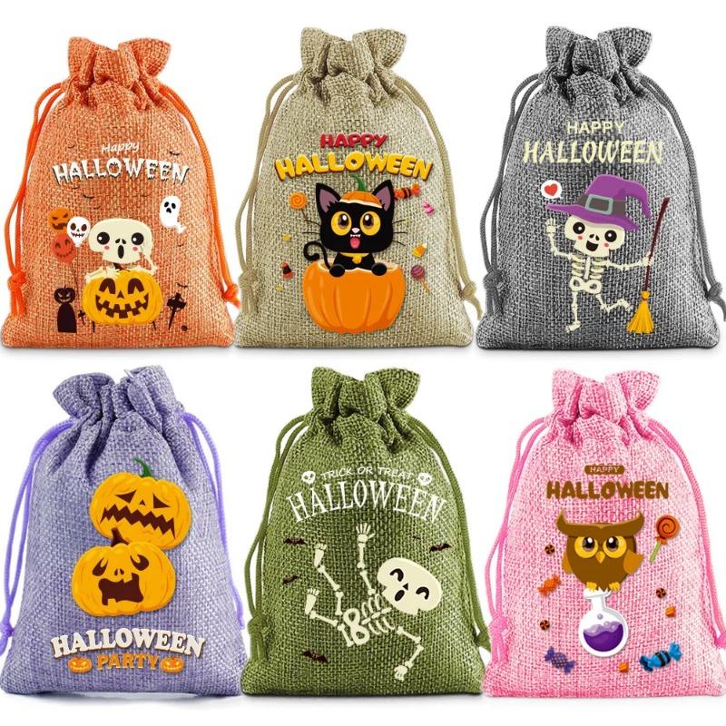 24pcs Set Halloween Drawstring Gift Bags Ghost Pumpkin Skull Pattern Bags for Trick-or-Treating Candy Giving Party Supplies