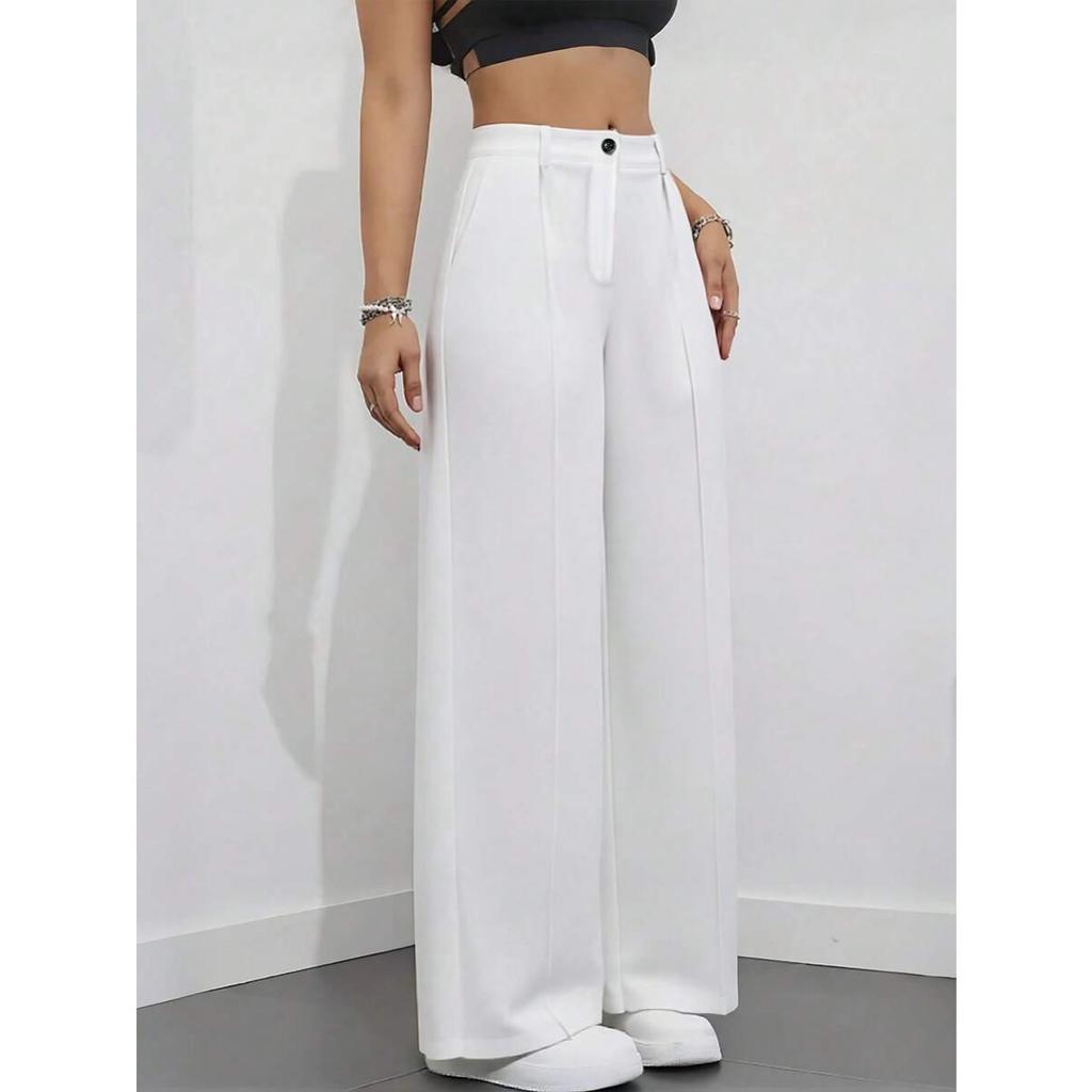 Jednokolorowe spodnie casual, Damskie spodnie z wysokim stanem, plisowane, luźne, Spodnie do pracy