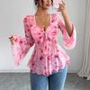 Women's Mesh Red Rose Print V-neck Top Bell Sleeves Bow Tie Waist Short Women's Clothing