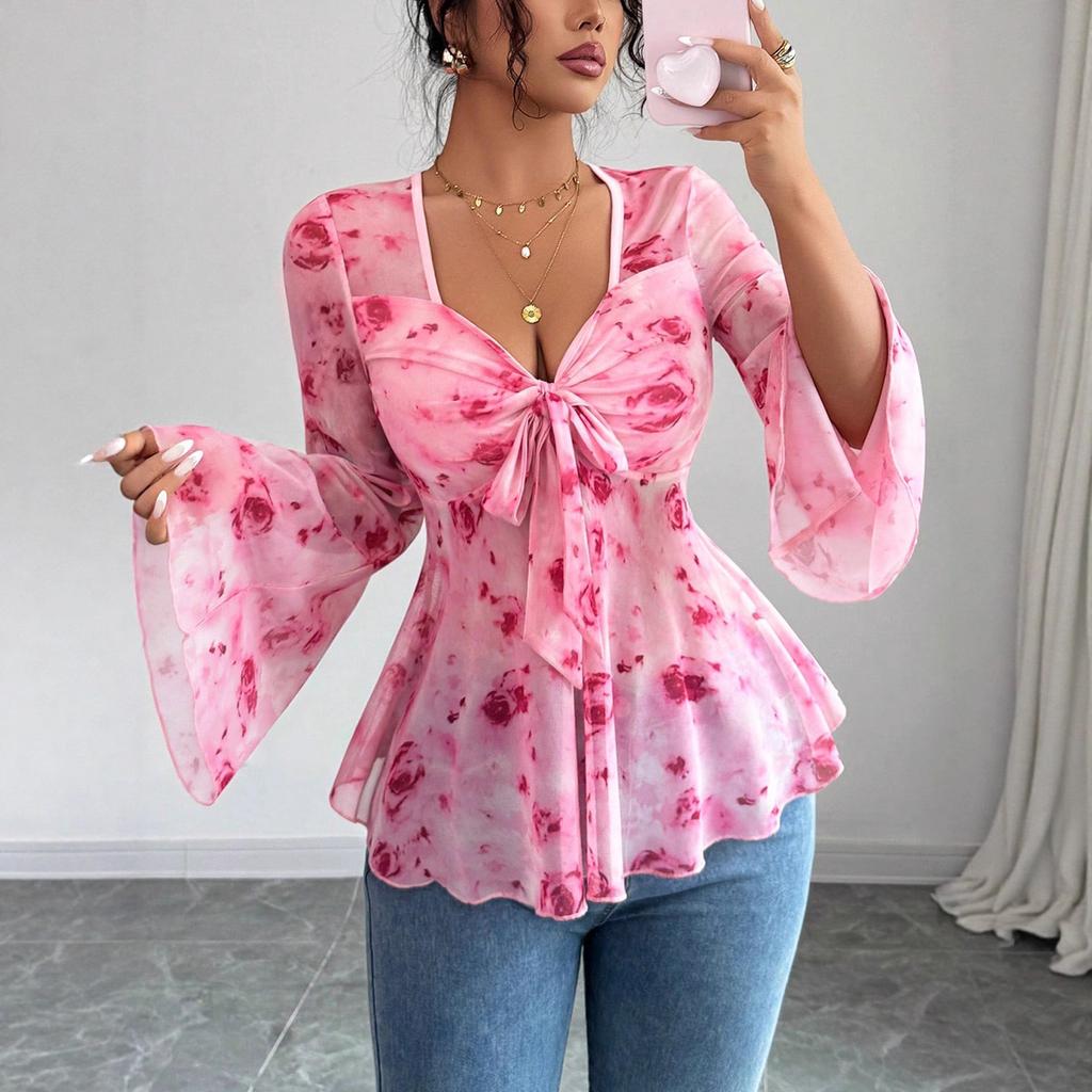 Women's Mesh Red Rose Print V-neck Top Bell Sleeves Bow Tie Waist Short Women's Clothing