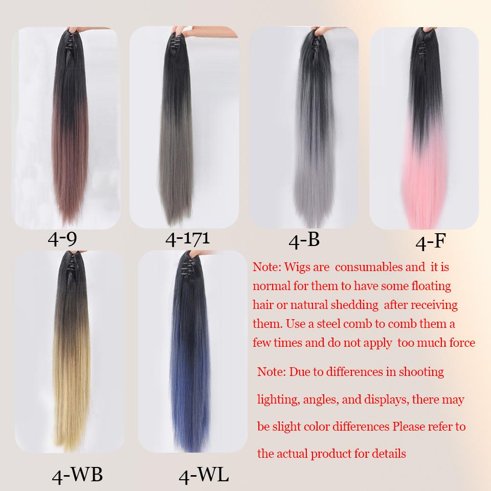 Extension de Cheveux Synthétiques Longs Lisses à Pince Queue de Cheval 22 Pouces Noir Mèches Bleues Grises Postiche Queue de Cheval Perruque Pour Femmes