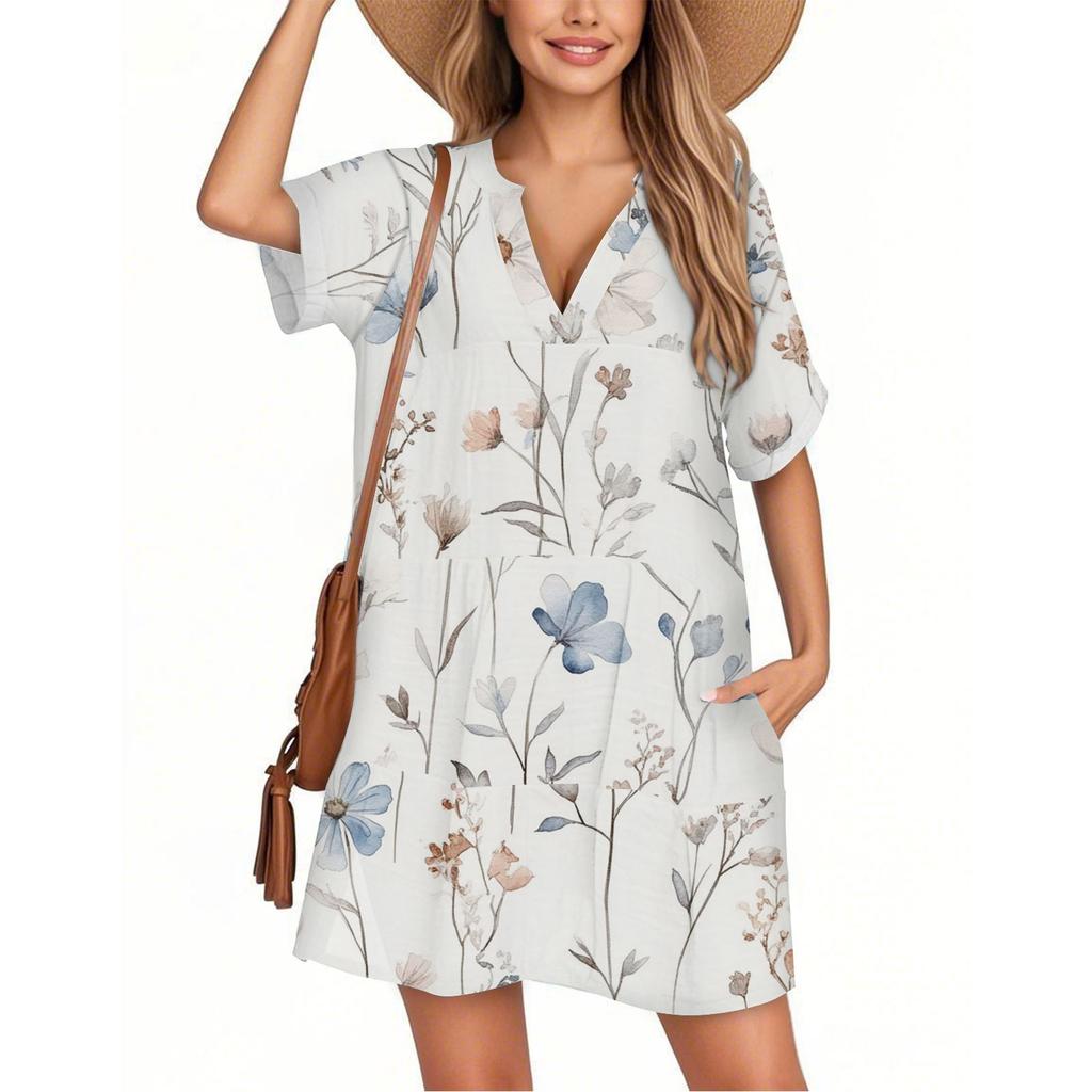 Women's Fashion Smock Hawaiian Floral Casual Short Sleeve V-neck T-shirt Dress Holiday Beach Dress