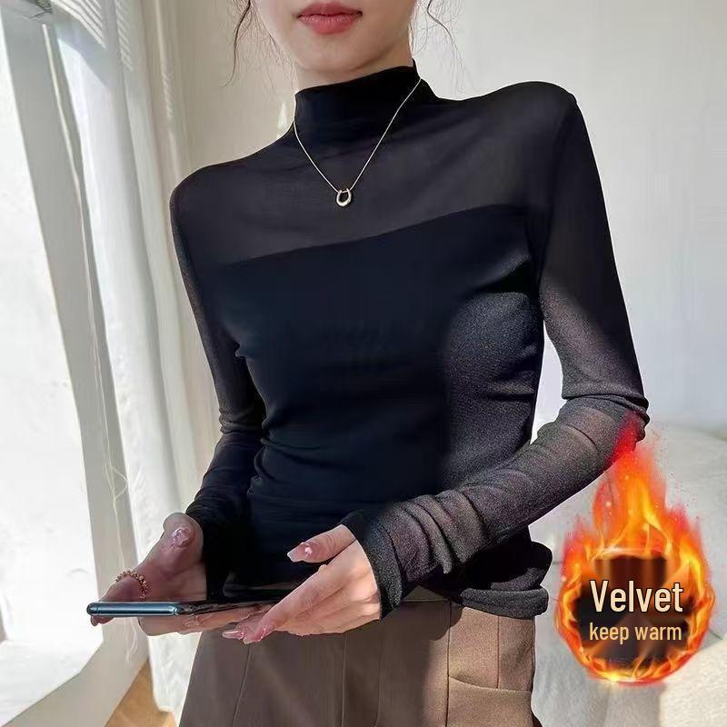 Women's Slim-Fit Velvet Base T-Shirt with Mesh Sleeves: Elegant Half-High Collar for Autumn/Winter