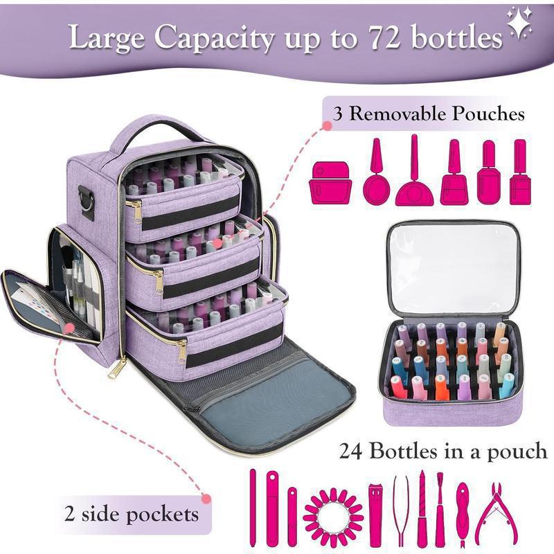 Large Nail Polish Organizer Bag – Holds 72 Bottles, Portable Travel Storage Case for Gel Polish & Manicure Tools with Removable Pouches Less