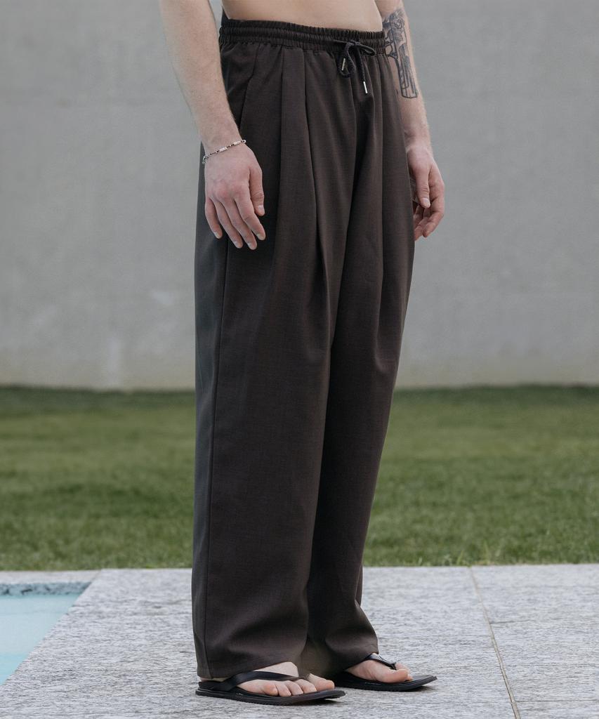 Dekkoloso Cool Linen-Like Double-Pleated Wrinkle-Free Wide Elastic Pants [Charcoal]