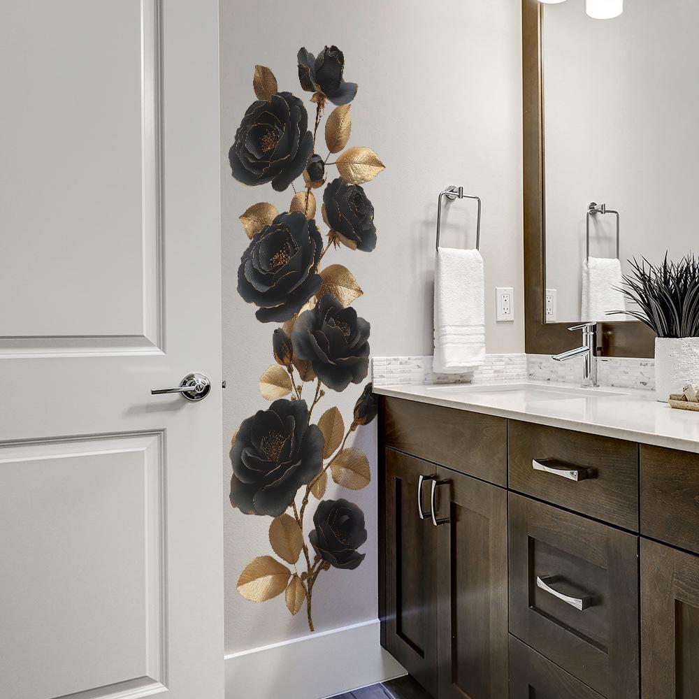 Personalized Black Rose and Gold Leaf Bathroom Wall Decoration Stickers