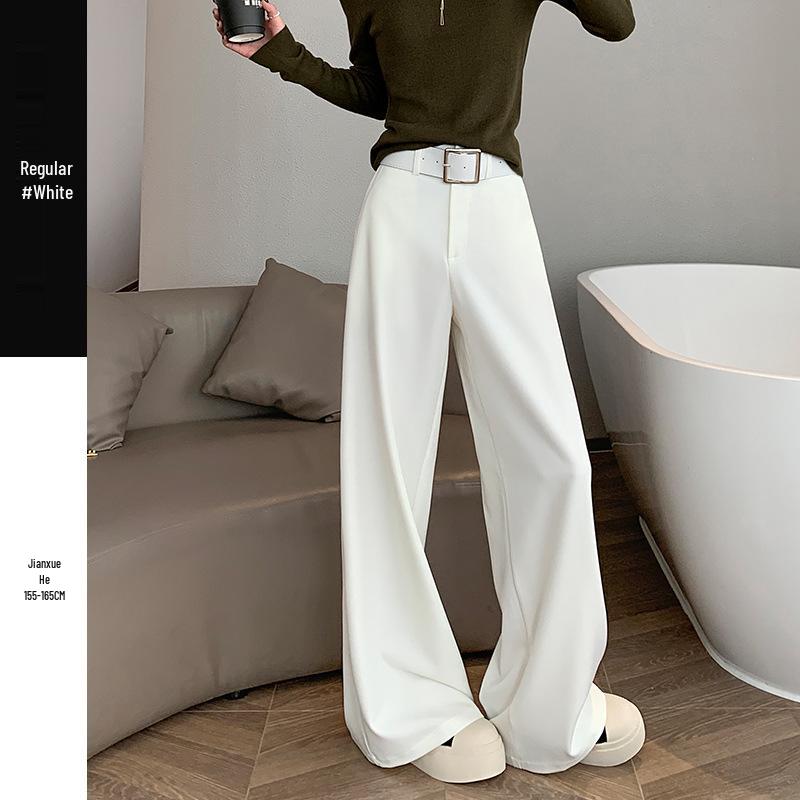 Women's Retro Minimalist Wide-Leg Khaki Suit Pants with Old Money Style Leather Belt