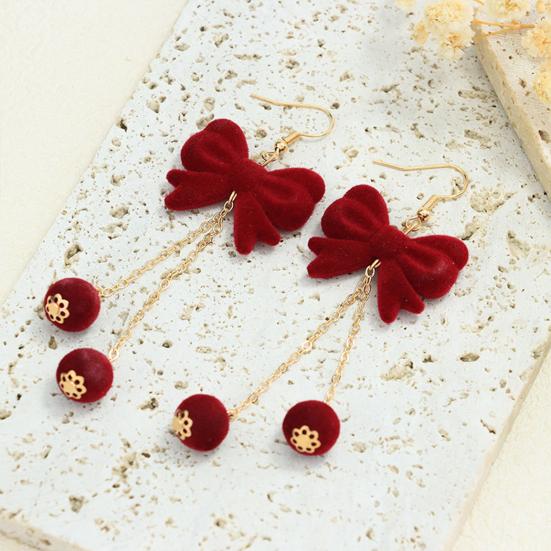 Fashionable Face Slimming Earrings 1 Pair Velvet Bow for Women, Red Christmas Bowknot Dangle Drop Sophisticated Banquet Jewelry with Ball Charm, Gift