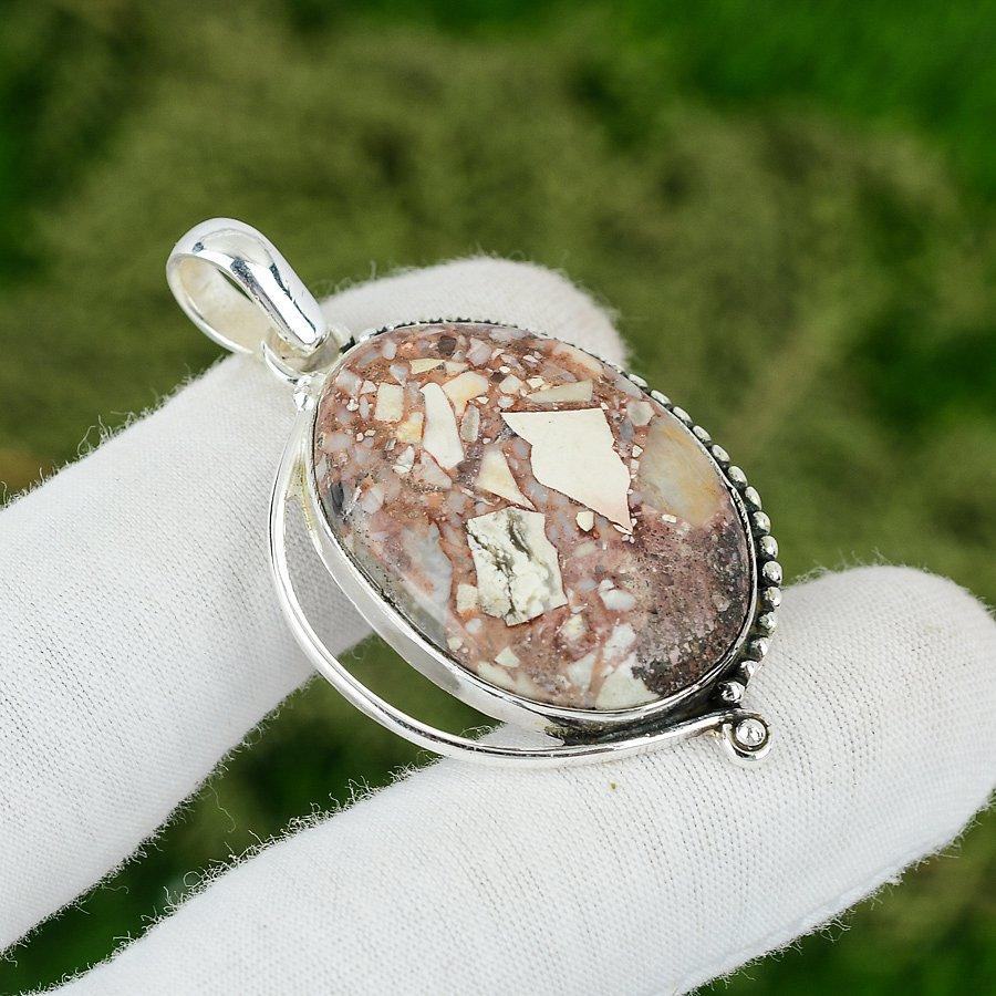 

925 Silver Oval Red Brecciated Mookaite Stone Wife Bezel Wedding Pendant Jewelry