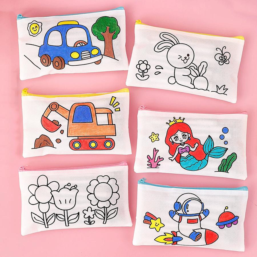5/10pcs 21cm Non-woven Cartoon Pen Bag Line Pattern Stationery Storage Bag Lightweight Large Pencil Case School Office Supplies