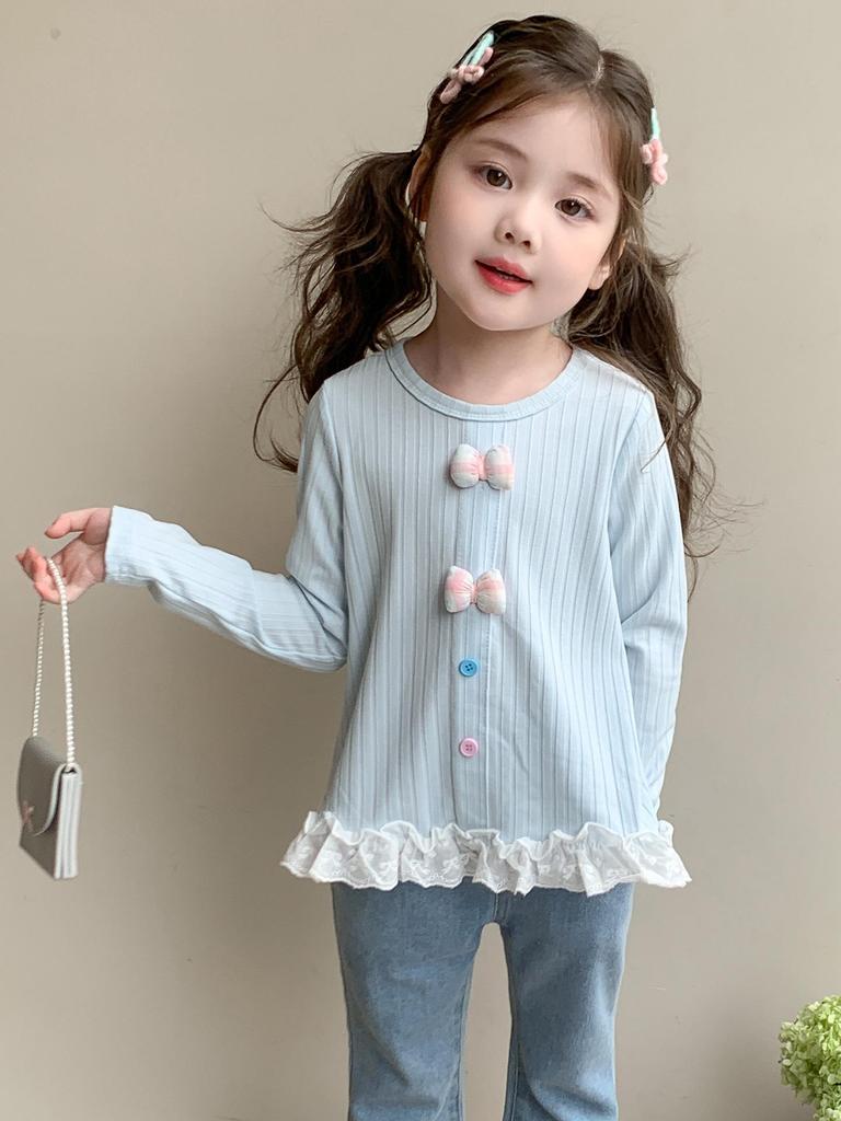 Girls' Autumn 2025 Lace Trim Long Sleeve T-Shirt with Bow