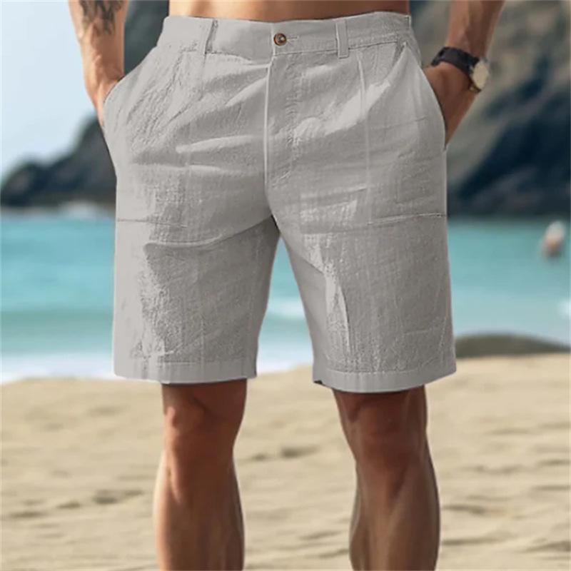 Herren Sommer Neu Leinen Strand Atmungsaktiv Gerade Lässige Shorts Einfarbig Locker Urlaubsstil Fünf-Punkte-Hose