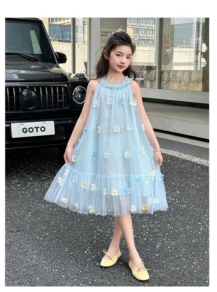 Girls' Blue Dress Summer Dress 2026 New Stylish Girls' Summer Mesh Princess Dress Children's Summer Dress