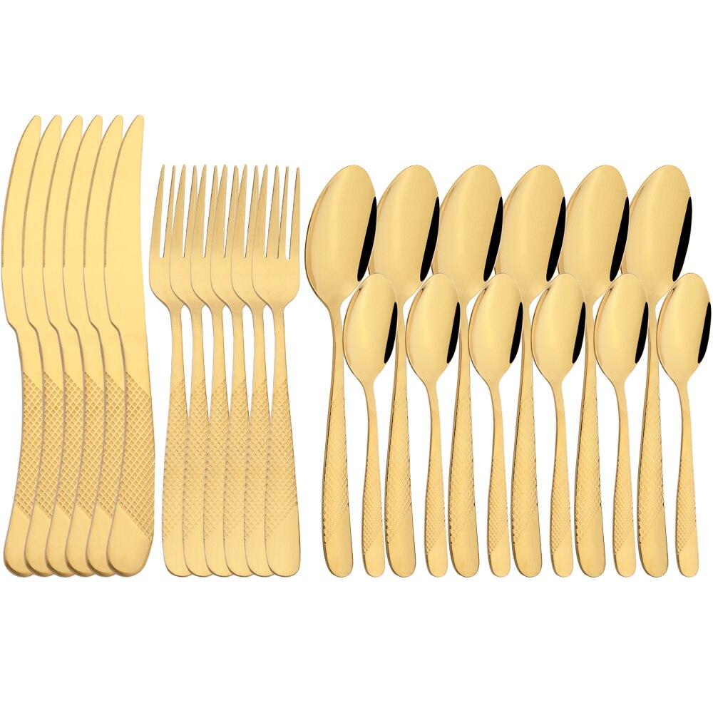 Set de veselă din oțel inoxidabil, 24 de bucăți, auriu, cuțit, furculiță, argintărie, set de tacâmuri colorate de bucătărie