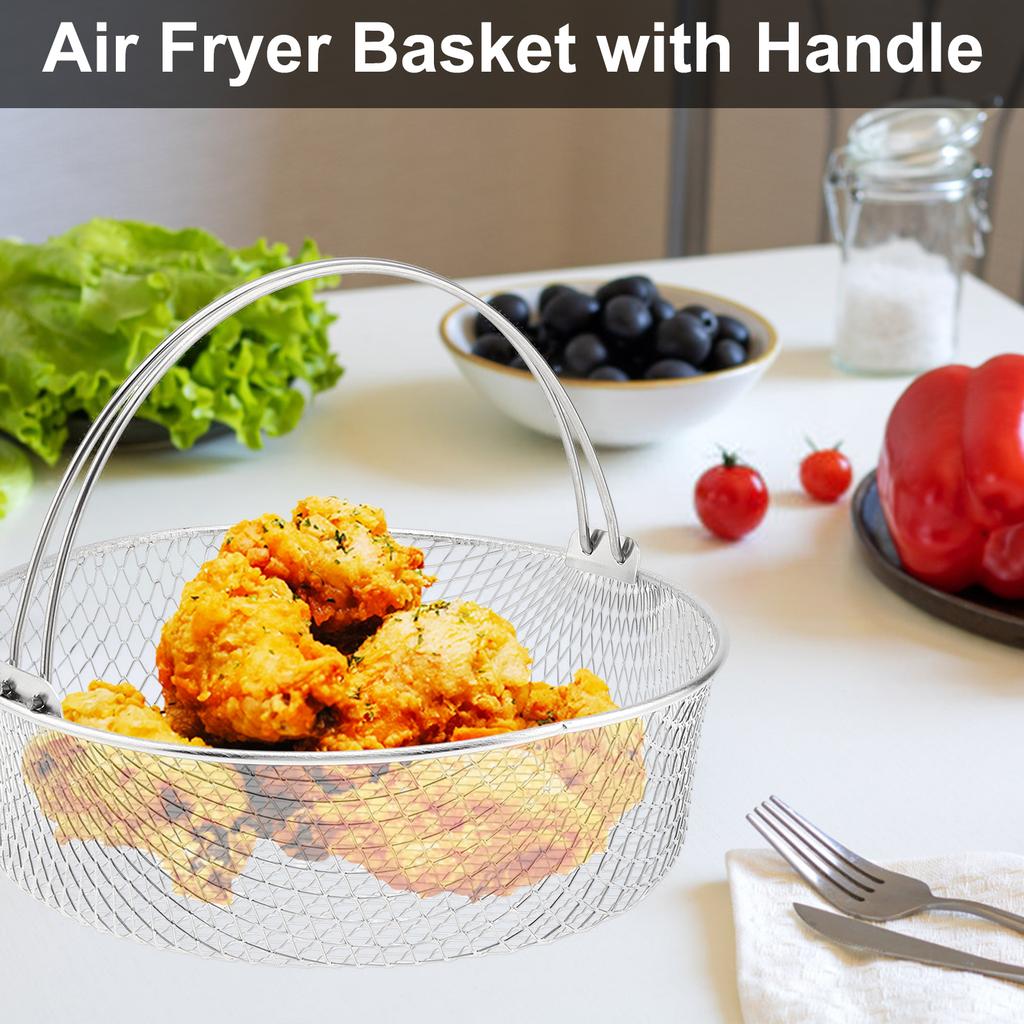 Stainless Steel Round Air Fryer Basket Heavy Duty Non Stick Cooking Basket Universal Fit Easy Clean Home Kitchen