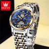 OLEVS Luxury Gold Tourbillon Mechanical Watch for Men Stainless Steel Waterproof Luminous Date Business Mens Watches