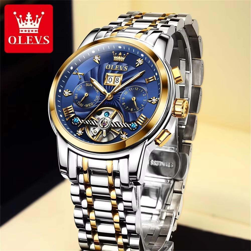 OLEVS Luxury Gold Tourbillon Mechanical Watch for Men Stainless Steel Waterproof Luminous Date Business Mens Watches