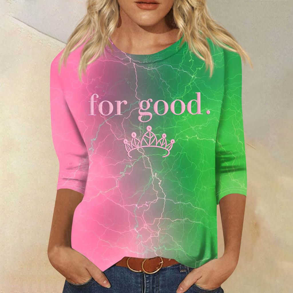 Women's Fashionable Casual Three-Quarter Sleeve Printed Round Neck Top