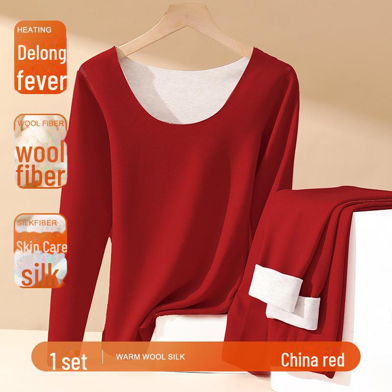 

Женский термокостюм из немецкого бархата с высокой эластичностью - двухсторонний обогрев из кашемира и шелка, осенняя одежда и брюки M китайский красный