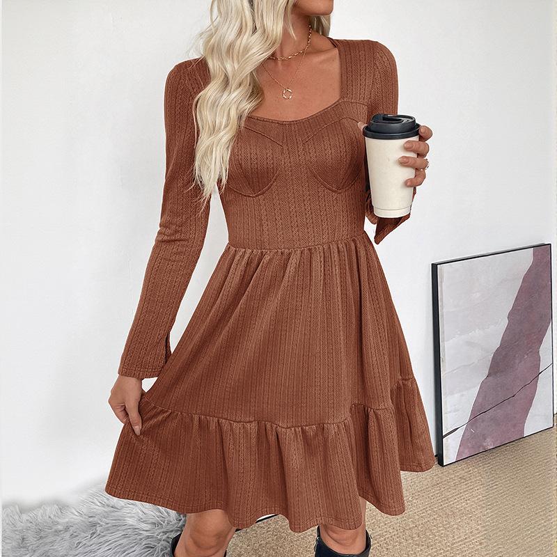 Fall Dresses for Women Casual Square Neck Long Sleeves Dresses High Waist Knitted Solid Color A-Line Flowy Dress