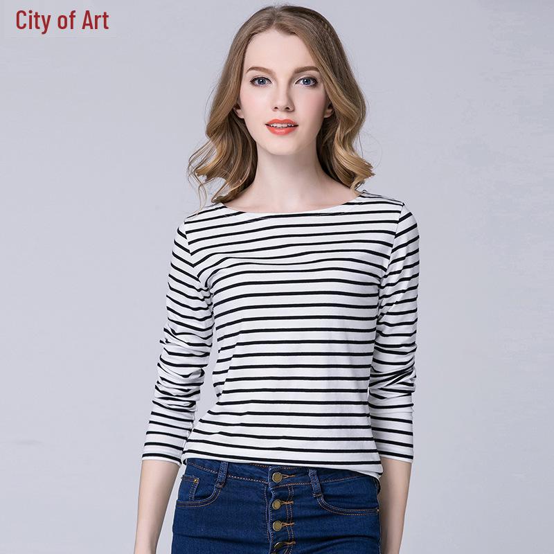 2022 Women's Slimming One-Shoulder Black & White Striped Long Sleeve T-Shirt