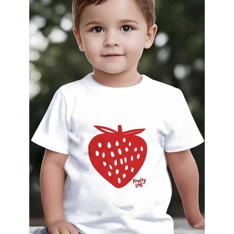 Boys Summer Crewneck Tee, Creative Cartoon Strawberry Novel Print 110 белый
