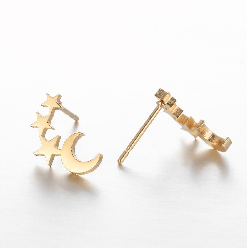 Stainless Steel Five-Pointed Star Moon Stud Earrings - Versatile Fashion Cartilage Jewelry