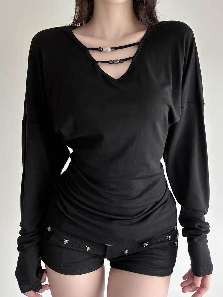 KaiKuo Y2K Style Slim V-Neck T-shirt - Women's Autumn/Winter 2025 Collection