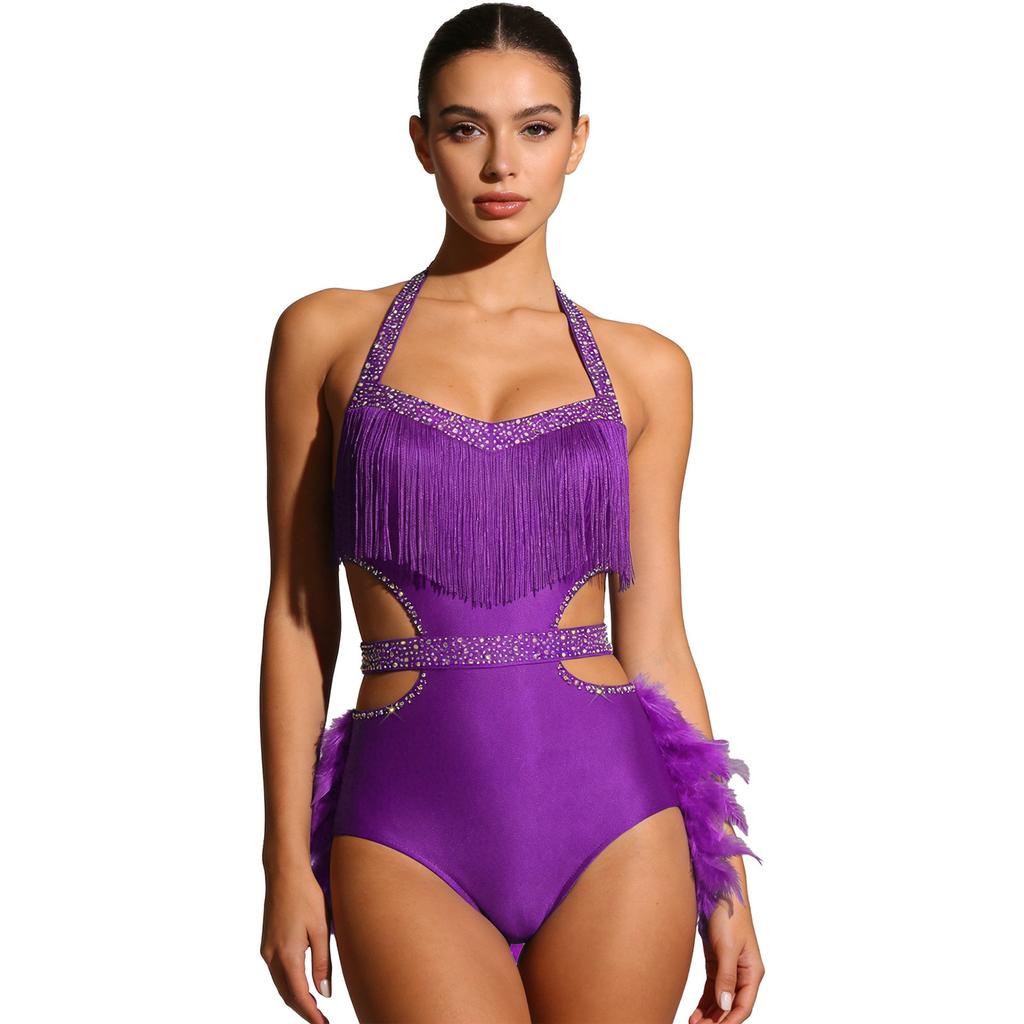 Damen Funkelnde Strass Tanz Bodysuit Kunstfeder Akzente Neckholder Rückenfrei Ärmellos Leotard Latein Kostüm