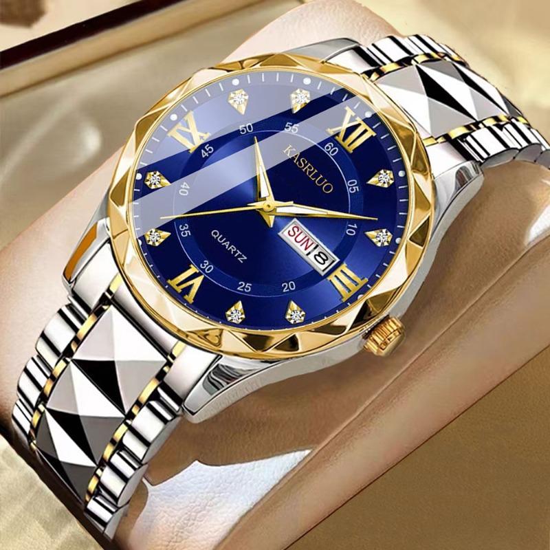 KASRLUO Uhr Herren Doppeltes Datum Rhombus Gehäuse Leuchtend Wasserdicht Mode Premium Quarz Uhr