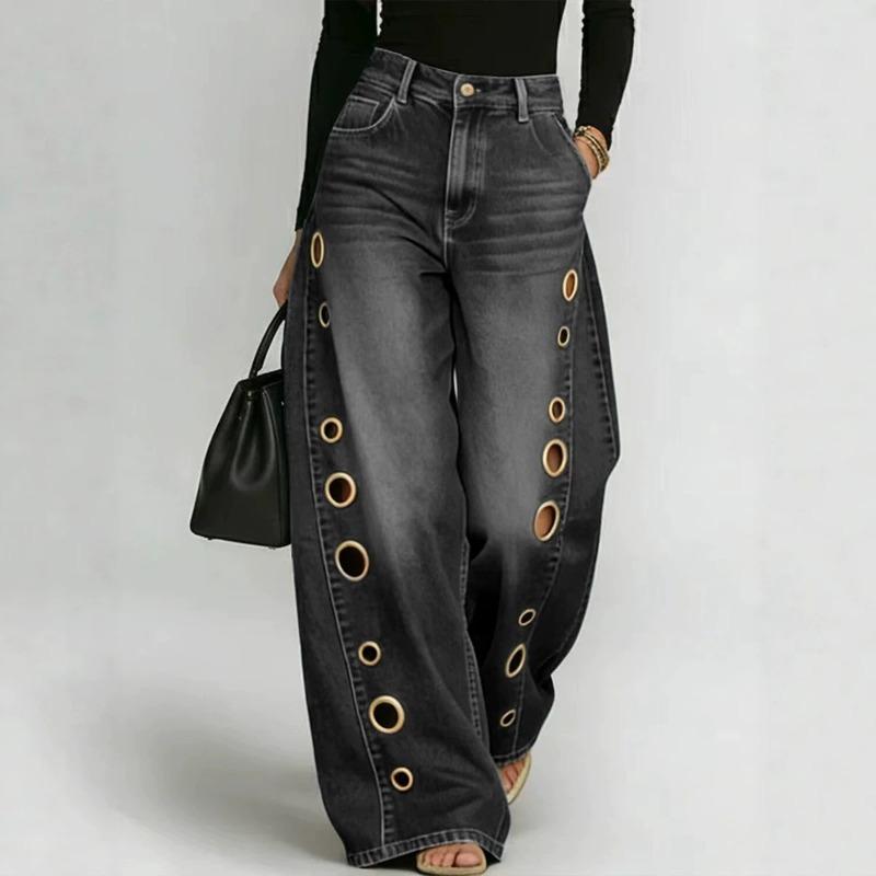 Spring and Summer New Metal Heterosexual Corns European and American Women's Clothing Solid Color Horse Slip Loose Jeans