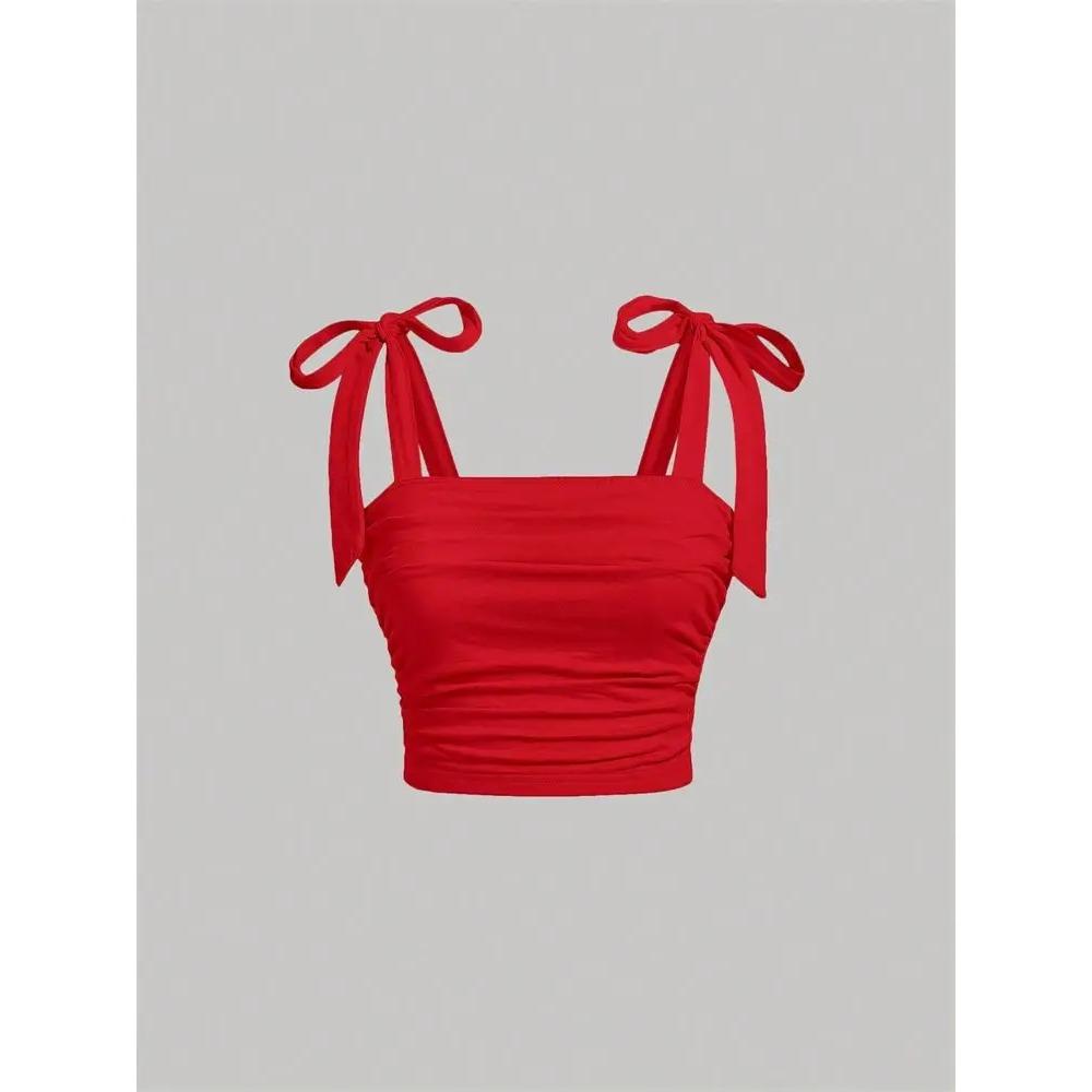 

Однотонный кроп-топ на бретелях с рюшами и широкими лямками, облегающий, для женщин, одежда Y2K, розовый топ-ками с открытой спиной, уличная одежда S красный