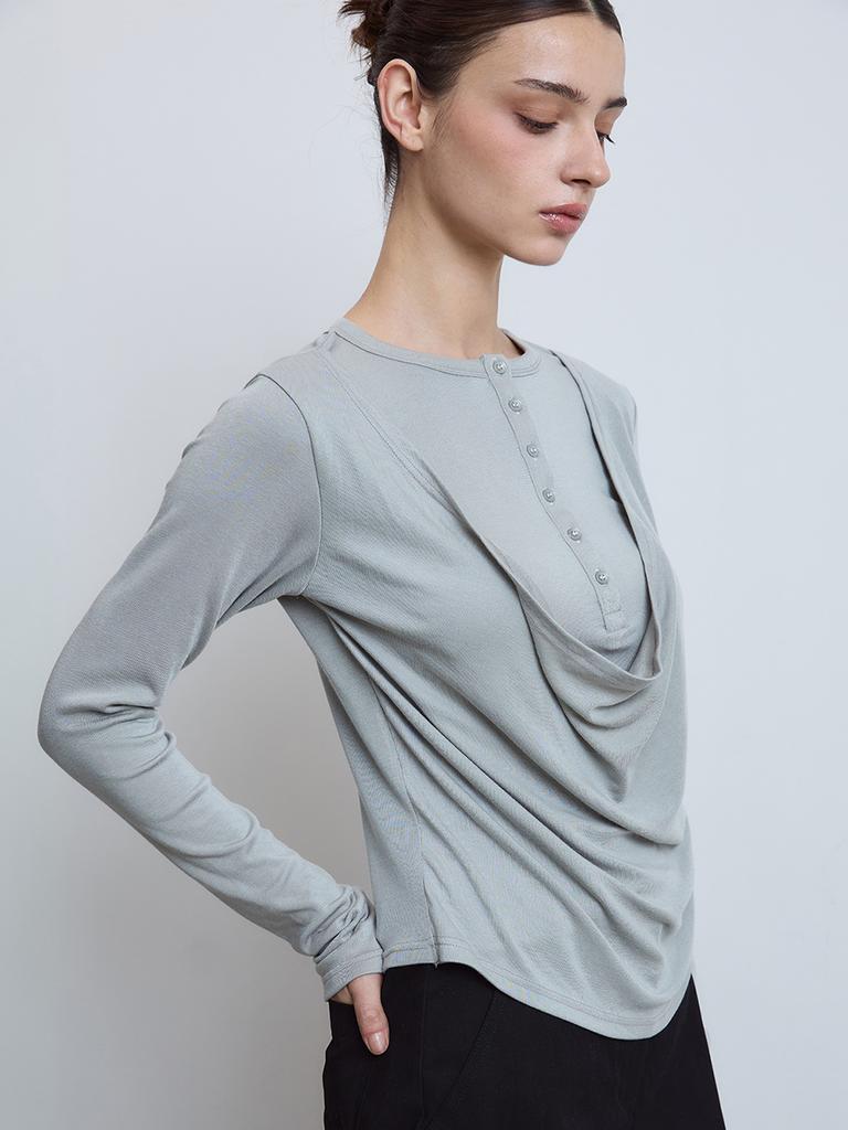 UOUSOO Button Drape Top_ Gray