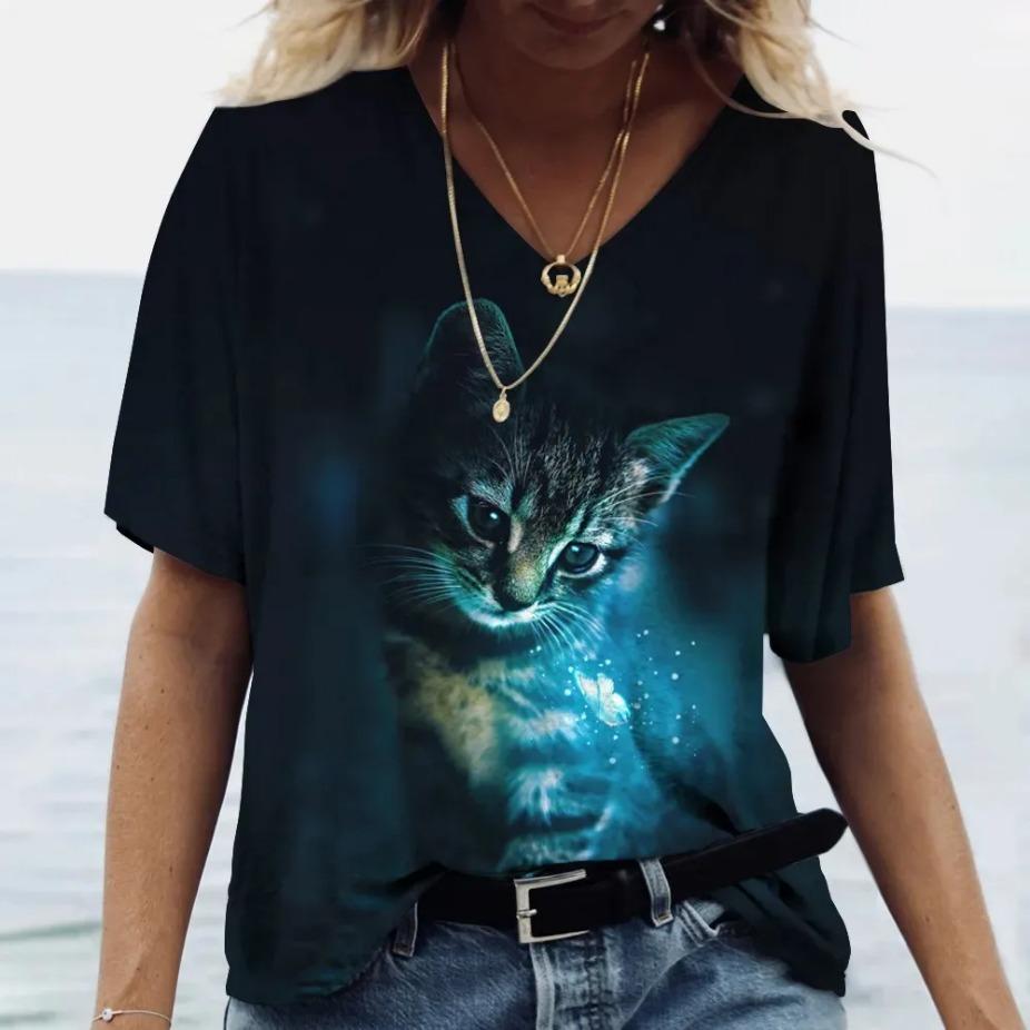Fashion Women's T-shirt Cat Printed Short Sleeve Tees Ladies T Shirt Oversized V-neck Tops Animal Women Clothing Shirt