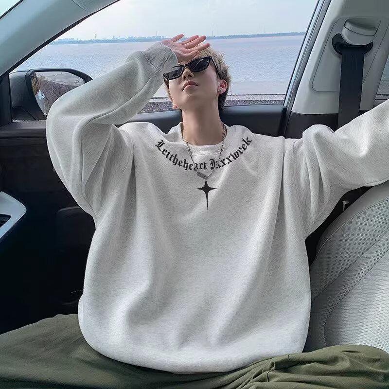 Men s Trendy Crewneck Cotton Fleece Jacket - Spring/Autumn, Loose Fit, No Hood 3XL