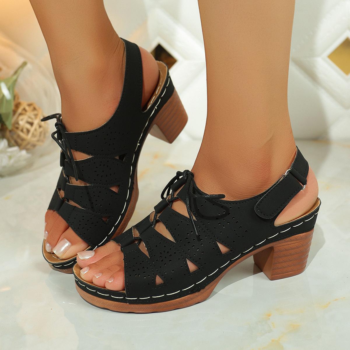 

2025 new European and American thick heel large size lace-up sandals large size one-word belt new fish mouth high heel sandals women 36