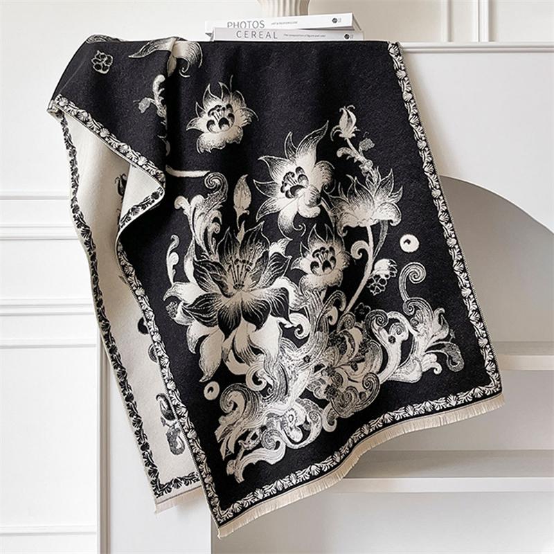 Winter Cashmere Scarf for Women Luxury Warm Shawl Floral Print Windproof Cape Pashmina Handerchief Designer Female Scarf